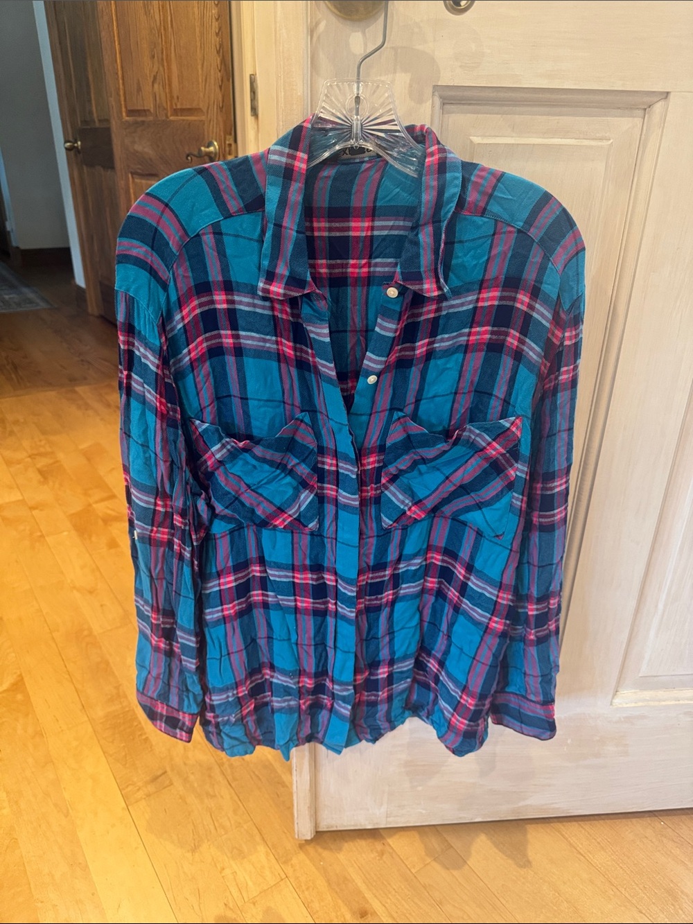 Express Turquoise and Magenta Plaid Button Shirt